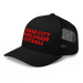 Front left angle of the MAS Kansas City Wheelchair Football Black & Red Curved Bill Trucker Snapback against a white background