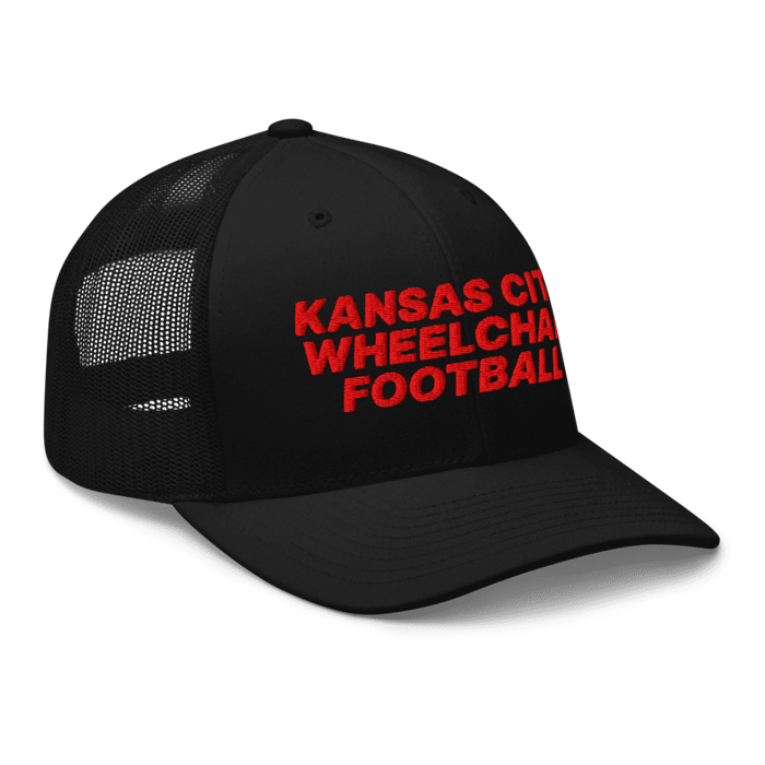 Front right angle of the MAS Kansas City Wheelchair Football Black & Red Curved Bill Trucker Snapback against a white background