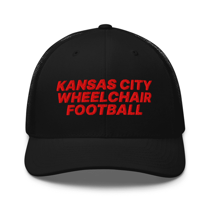 Front angle of the MAS Kansas City Wheelchair Football Black & Red Curved Bill Trucker Snapback against a white background