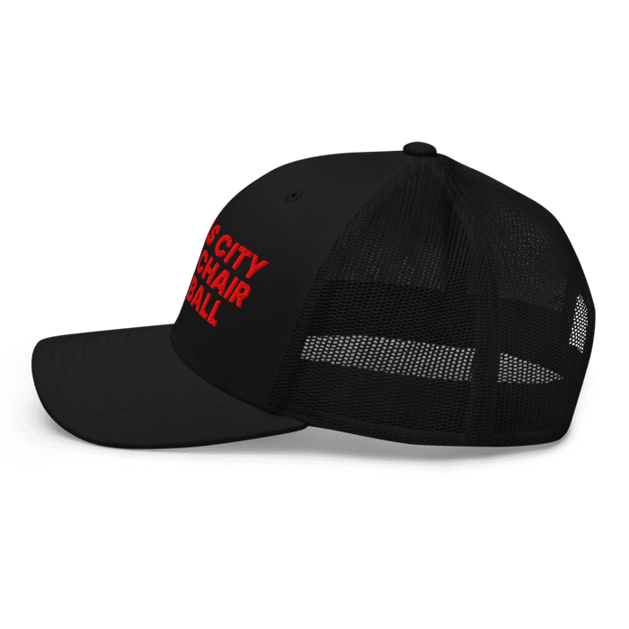 Left side angle of the MAS Kansas City Wheelchair Football Black & Red Curved Bill Trucker Snapback against a white background