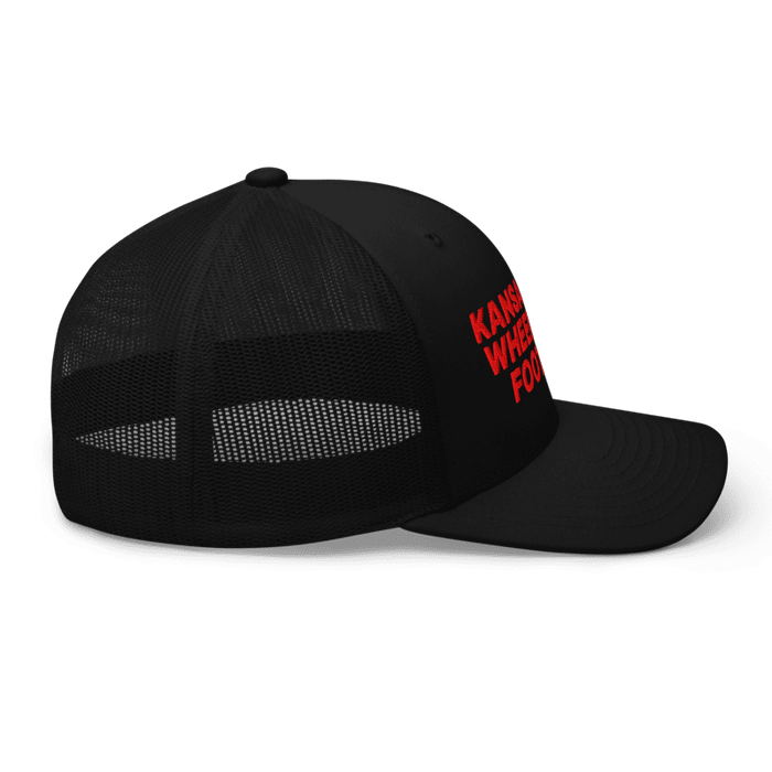 Right side angle of the MAS Kansas City Wheelchair Football Black & Red Curved Bill Trucker Snapback against a white background