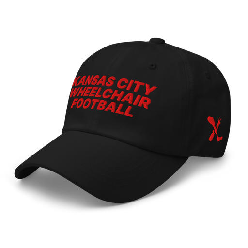 Front left angle of the MAS Kansas City Wheelchair Football Black & Red Dad Hat against a white background