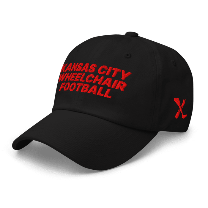 Front left angle of the MAS Kansas City Wheelchair Football Black & Red Dad Hat against a white background