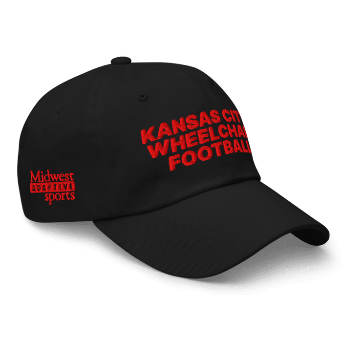 Front right angle of the MAS Kansas City Wheelchair Football Black & Red Dad Hat against a white background