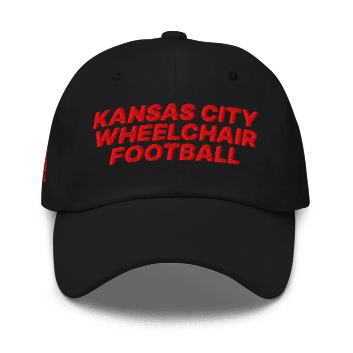 Front angle of the MAS Kansas City Wheelchair Football Black & Red Dad Hat against a white background