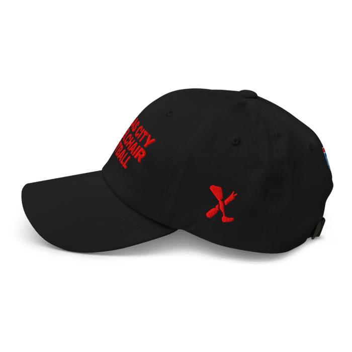 Left side angle of the MAS Kansas City Wheelchair Football Black & Red Dad Hat against a white background