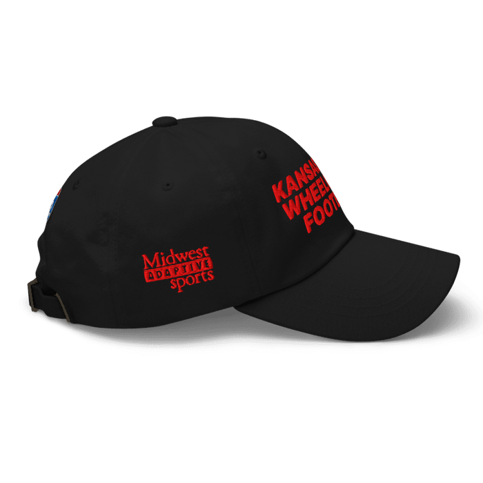 Right side angle of the MAS Kansas City Wheelchair Football Black & Red Dad Hat against a white background