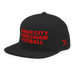Front left angle of the MAS Kansas City Wheelchair Football Black & Red Flat Bill Snapback against a white background
