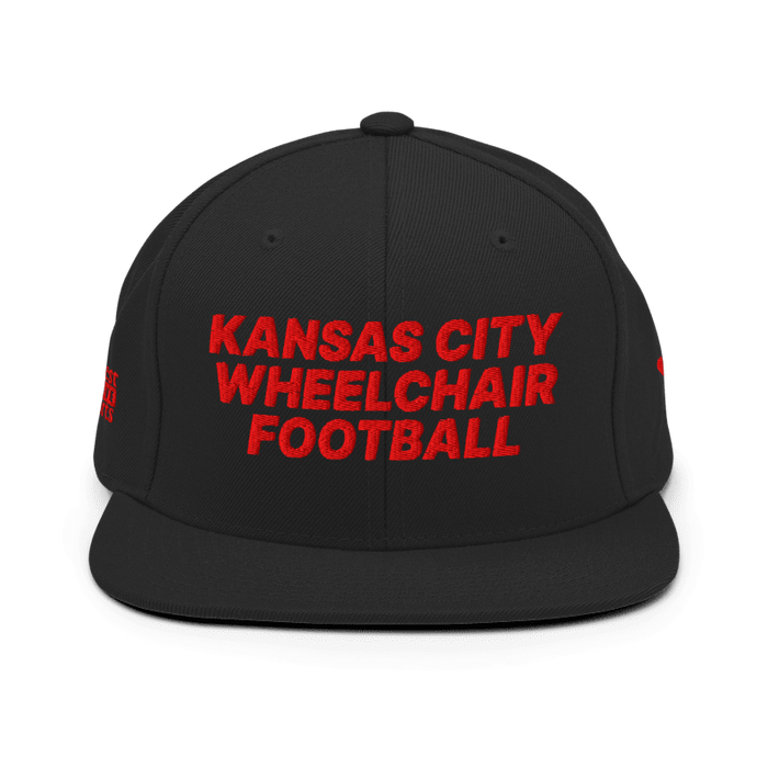 Front angle of the MAS Kansas City Wheelchair Football Black & Red Flat Bill Snapback against a white background