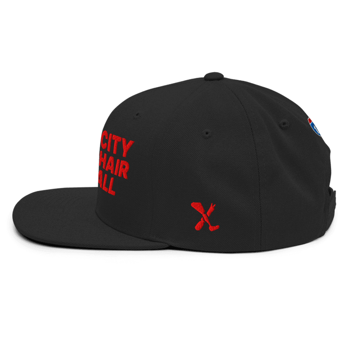 Left side angle of the MAS Kansas City Wheelchair Football Black & Red Flat Bill Snapback against a white background