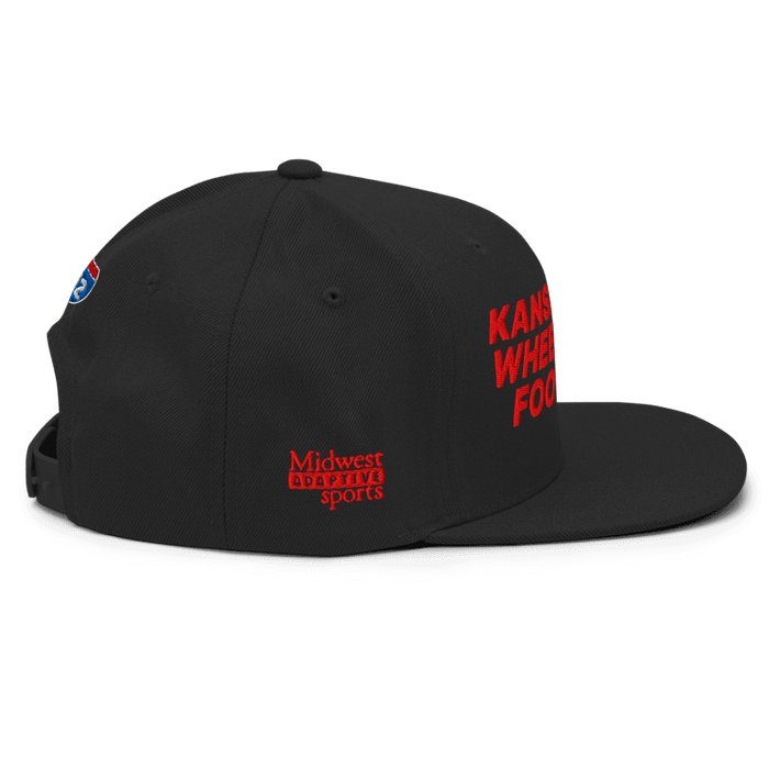 Right side angle of the MAS Kansas City Wheelchair Football Black & Red Flat Bill Snapback against a white background