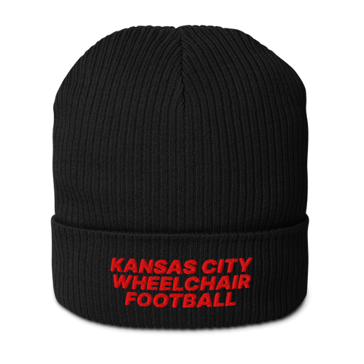 Front angle of the MAS Kansas City Wheelchair Football Black & Red Organic Beanie against a white background