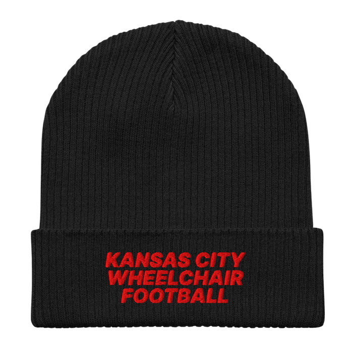 Front angle of the MAS Kansas City Wheelchair Football Black & Red Organic Beanie laid flat against a white background
