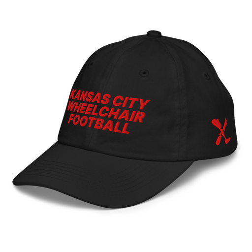 Front left angle of the MAS Kansas City Wheelchair Football Youth Black & Red Dad Hat against a white background