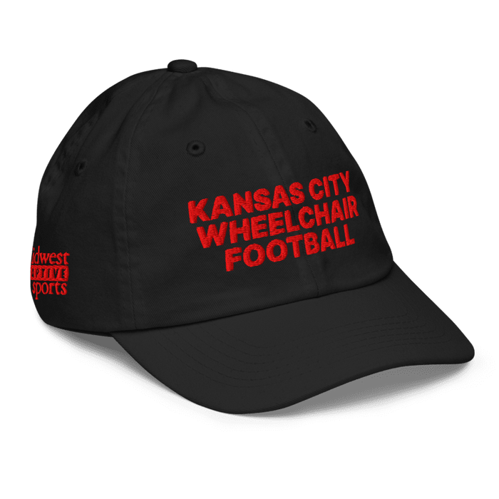 Front right angle of the MAS Kansas City Wheelchair Football Youth Black & Red Dad Hat against a white background