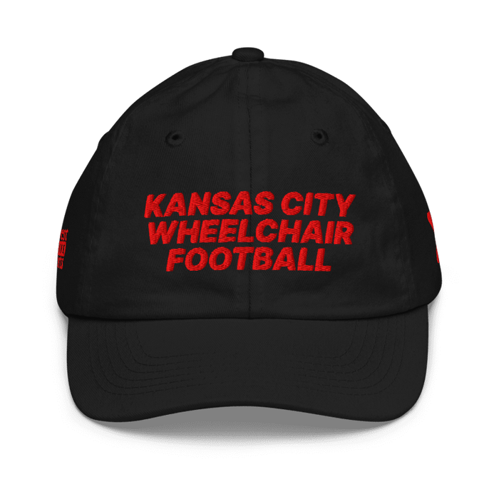 Front angle of the MAS Kansas City Wheelchair Football Youth Black & Red Dad Hat against a white background