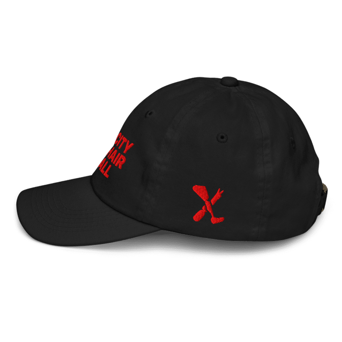 Left side angle of the MAS Kansas City Wheelchair Football Youth Black & Red Dad Hat against a white background