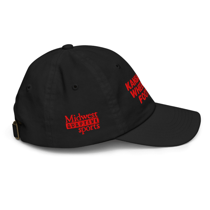 Right side angle of the MAS Kansas City Wheelchair Football Youth Black & Red Dad Hat against a white background