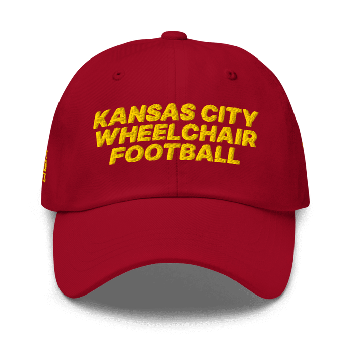 Front angle of the MAS Kansas City Wheelchair Football Cranberry & Gold Dad Hat against a white background