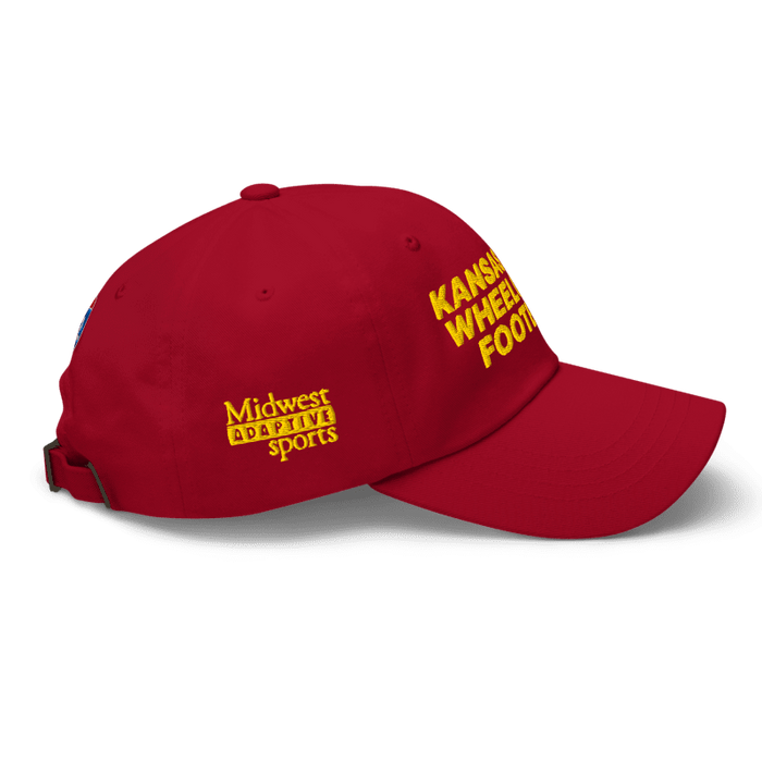 Right side angle of the MAS Kansas City Wheelchair Football Cranberry & Gold Dad Hat against a white background