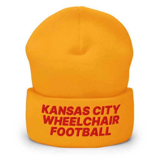 Front angle of the MAS Kansas City Wheelchair Football Gold & Red Beanie against a white background