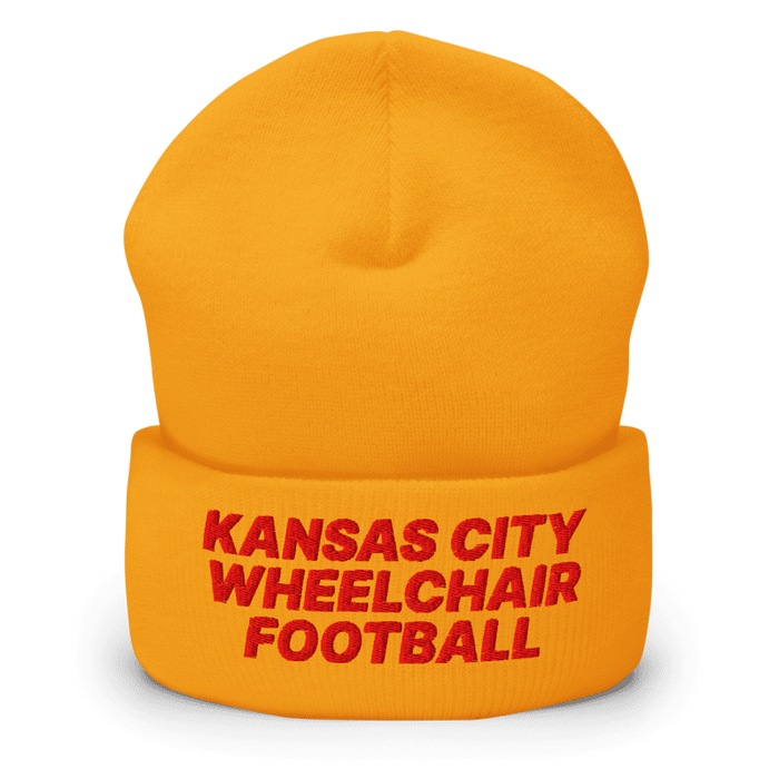 Front angle of the MAS Kansas City Wheelchair Football Gold & Red Beanie against a white background