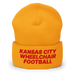 Front angle of the MAS Kansas City Wheelchair Football Gold & Red Beanie against a white background
