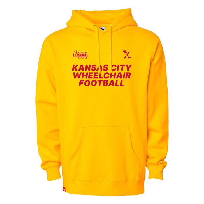 MAS Kansas City Wheelchair Football Gold & Red Hoodie on a white background