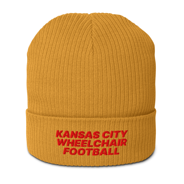 Front angle of the MAS Kansas City Wheelchair Football Mustard Yellow & Red Organic Beanie against a white background