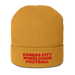 Front angle of the MAS Kansas City Wheelchair Football Mustard Yellow & Red Organic Beanie against a white background