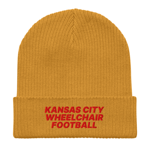 Front angle of the MAS Kansas City Wheelchair Football Mustard Yellow & Red Organic Beanie laid flat against a white background