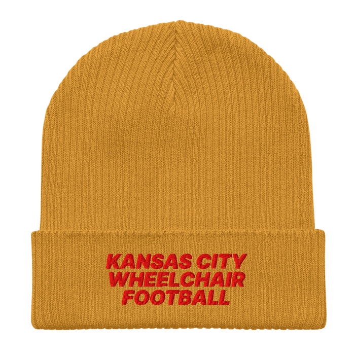 Front angle of the MAS Kansas City Wheelchair Football Mustard Yellow & Red Organic Beanie laid flat against a white background