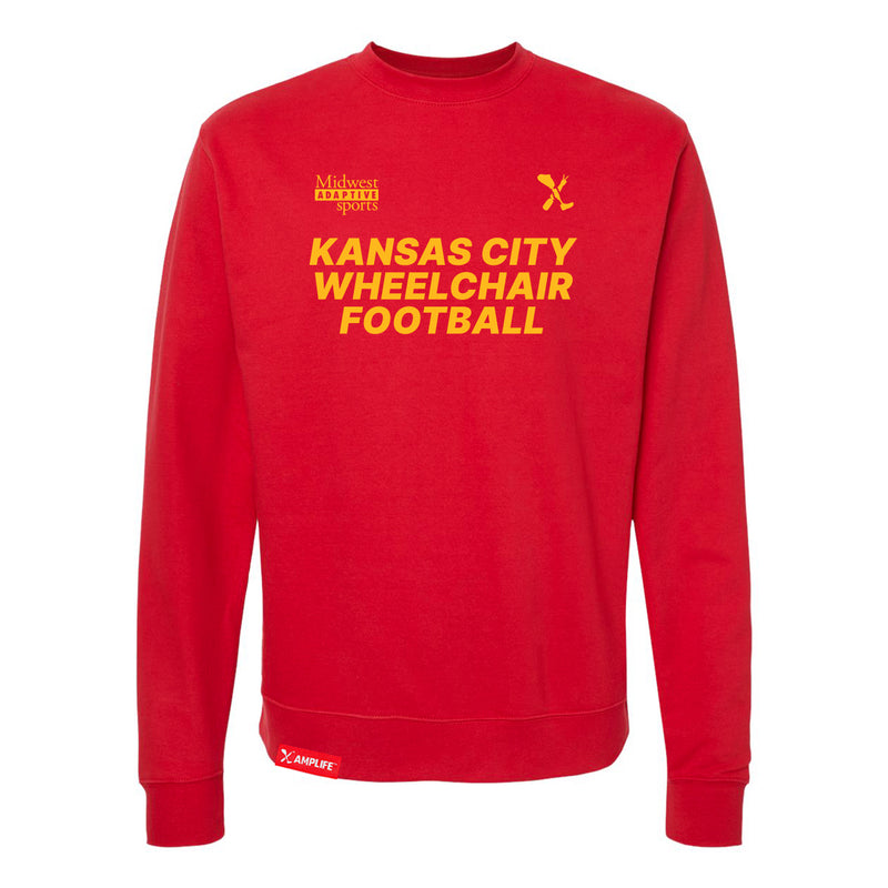 MAS Kansas City Wheelchair Football Red & Gold Crewneck Sweatshirt on a white background