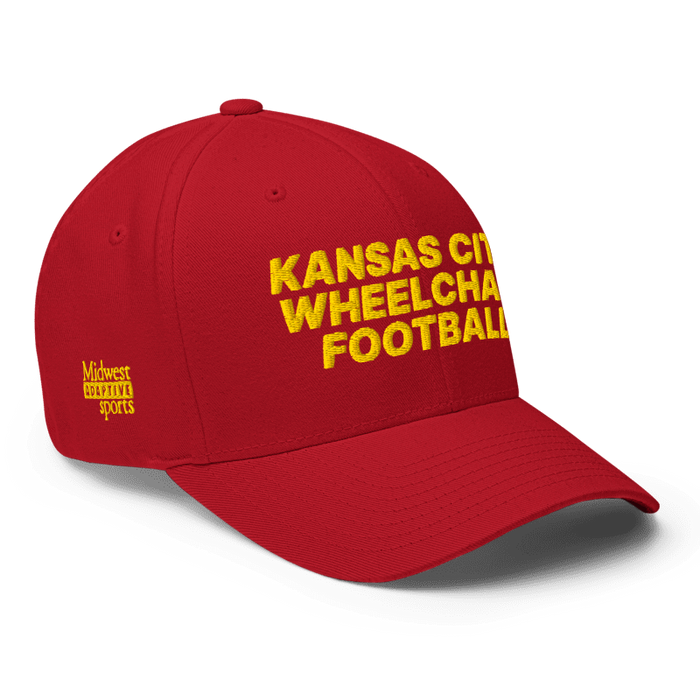 Front right angle of the MAS Kansas City Wheelchair Football Red & Gold Flexfit Curved Bill Fitted against a white background