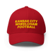 Front angle of the MAS Kansas City Wheelchair Football Red & Gold Flexfit Curved Bill Fitted against a white background