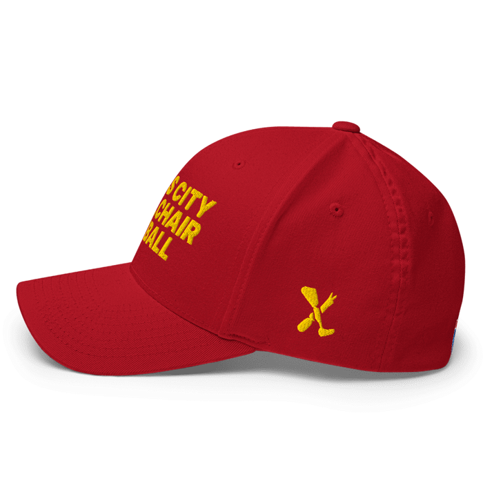 Left side angle of the MAS Kansas City Wheelchair Football Red & Gold Flexfit Curved Bill Fitted against a white background