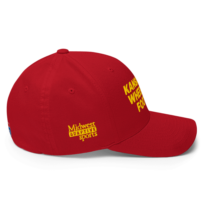 Right side angle of the MAS Kansas City Wheelchair Football Red & Gold Flexfit Curved Bill Fitted against a white background