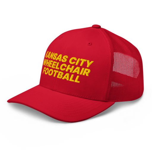 Front left angle of the MAS Kansas City Wheelchair Football Red & Gold Curved Bill Trucker Snapback against a white background
