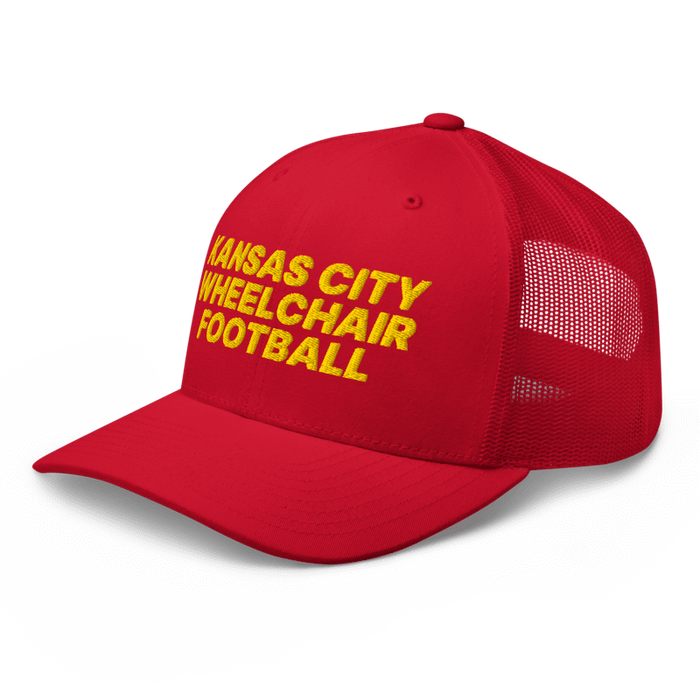 Front left angle of the MAS Kansas City Wheelchair Football Red & Gold Curved Bill Trucker Snapback against a white background