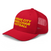 Front left angle of the MAS Kansas City Wheelchair Football Red & Gold Curved Bill Trucker Snapback against a white background