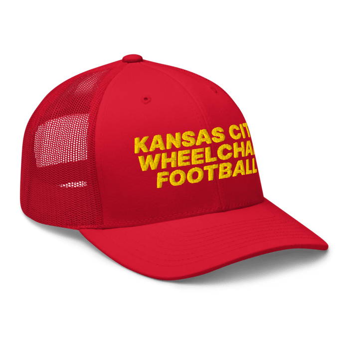 Front right angle of the MAS Kansas City Wheelchair Football Red & Gold Curved Bill Trucker Snapback against a white background