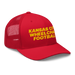 Front right angle of the MAS Kansas City Wheelchair Football Red & Gold Curved Bill Trucker Snapback against a white background