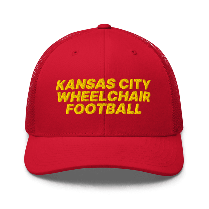 Front angle of the MAS Kansas City Wheelchair Football Red & Gold Curved Bill Trucker Snapback against a white background