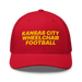 Front angle of the MAS Kansas City Wheelchair Football Red & Gold Curved Bill Trucker Snapback against a white background
