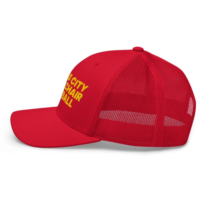 Left side angle of the MAS Kansas City Wheelchair Football Red & Gold Curved Bill Trucker Snapback against a white background