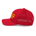 Left side angle of the MAS Kansas City Wheelchair Football Red & Gold Curved Bill Trucker Snapback against a white background