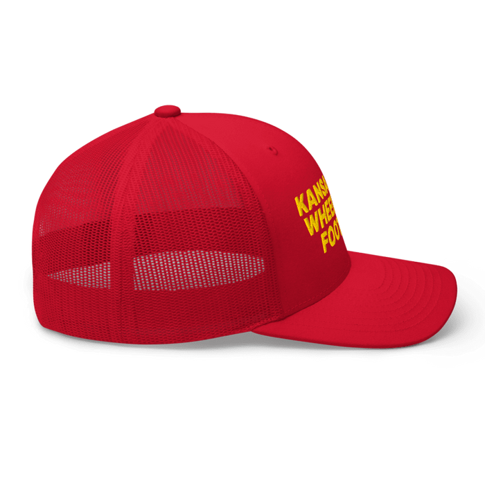 Right side angle of the MAS Kansas City Wheelchair Football Red & Gold Curved Bill Trucker Snapback against a white background