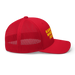 Right side angle of the MAS Kansas City Wheelchair Football Red & Gold Curved Bill Trucker Snapback against a white background