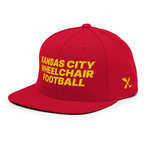 Front left angle of the MAS Kansas City Wheelchair Football Red & Gold Flat Bill Snapback against a white background