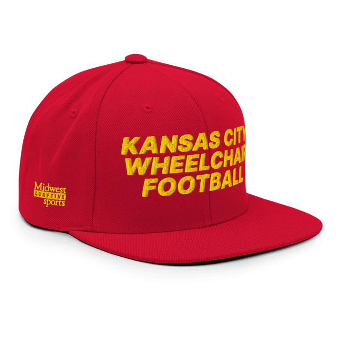 Front right angle of the MAS Kansas City Wheelchair Football Red & Gold Flat Bill Snapback against a white background